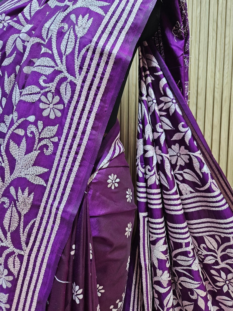 Yellow & Blue Handstitched Kantha Silk Saree with Intricate Nakshi by Balaram Saha Balaram Saha