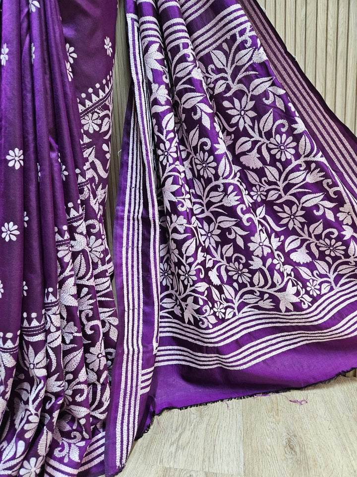 Yellow & Blue Handstitched Kantha Silk Saree with Intricate Nakshi by Balaram Saha Balaram Saha