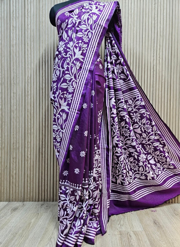 Yellow & Blue Handstitched Kantha Silk Saree with Intricate Nakshi by Balaram Saha Balaram Saha