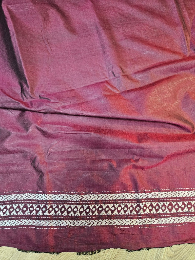 Balaram Saha's Fishing : Maroon & White Handstitch Kantha Tussar Silk Saree Balaram Saha