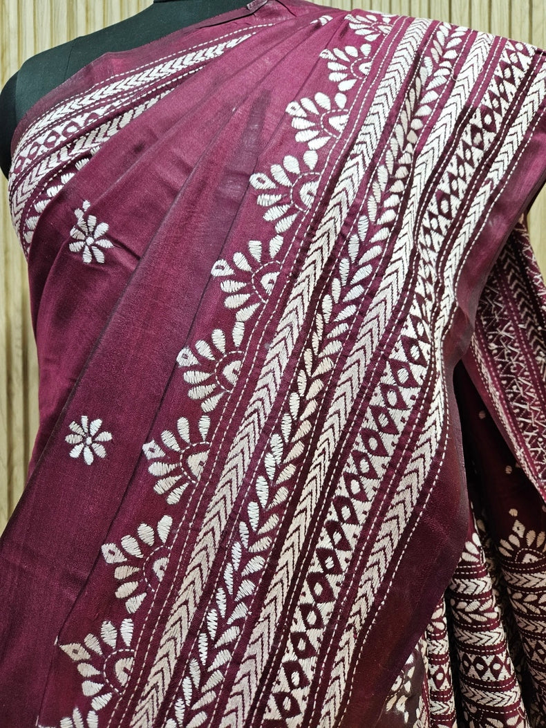 Balaram Saha's Fishing : Maroon & White Handstitch Kantha Tussar Silk Saree Balaram Saha