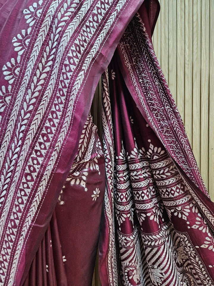 Balaram Saha's Fishing : Maroon & White Handstitch Kantha Tussar Silk Saree Balaram Saha
