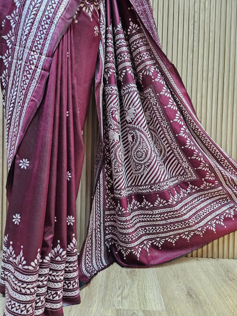 Balaram Saha's Fishing : Maroon & White Handstitch Kantha Tussar Silk Saree Balaram Saha