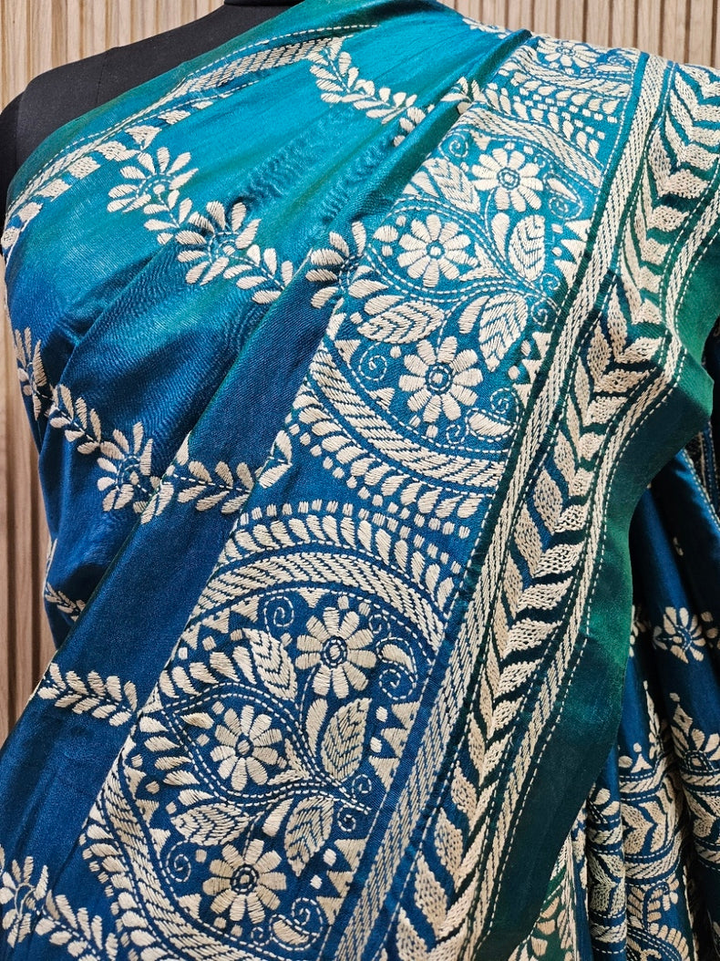 Balaram Saha’s Peacock Blue Kantha Silk Saree – Handcrafted Artistry in Silk Balaram Saha