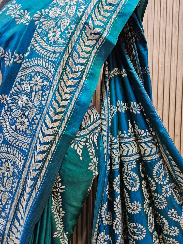 Balaram Saha’s Peacock Blue Kantha Silk Saree – Handcrafted Artistry in Silk Balaram Saha