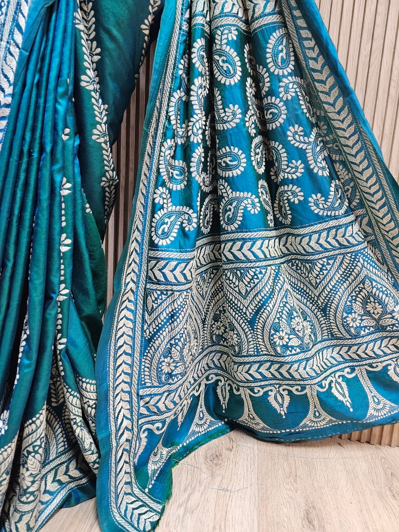 Balaram Saha’s Peacock Blue Kantha Silk Saree – Handcrafted Artistry in Silk Balaram Saha