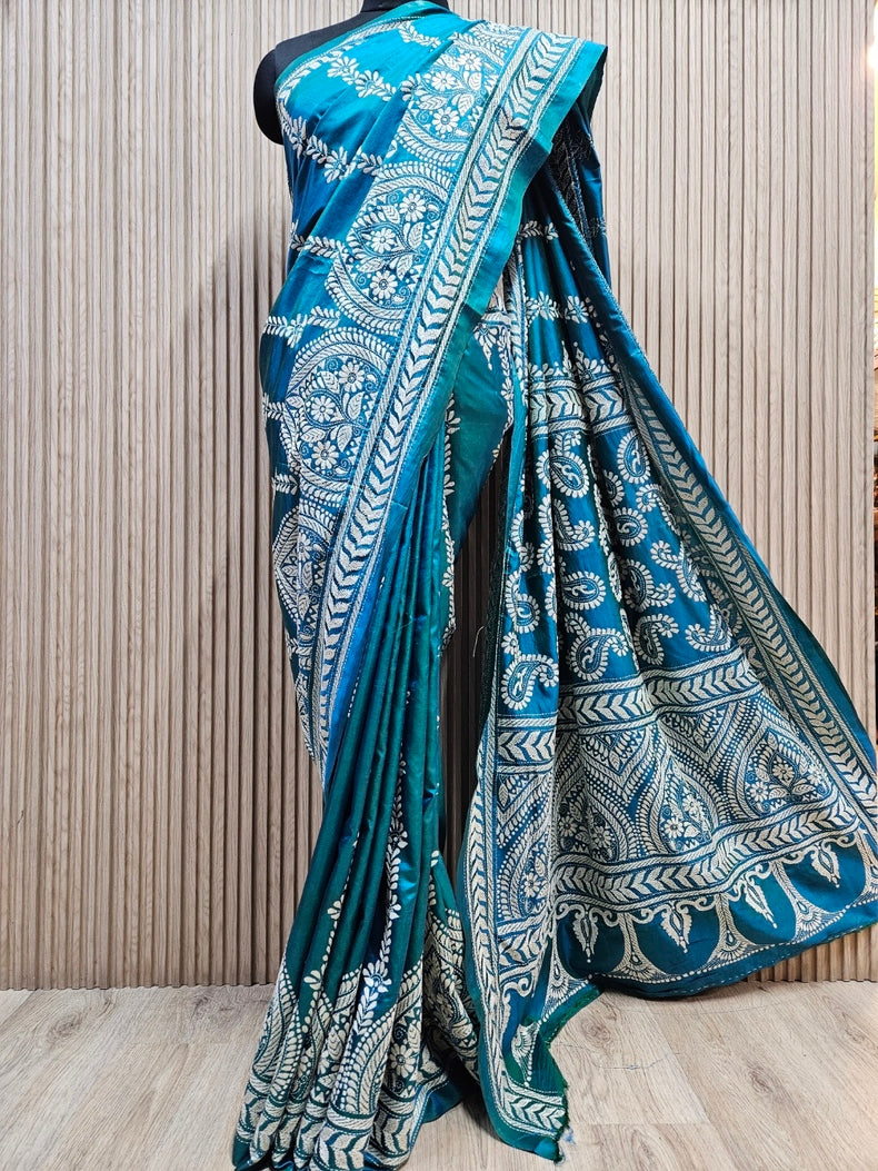 Balaram Saha’s Peacock Blue Kantha Silk Saree – Handcrafted Artistry in Silk Balaram Saha