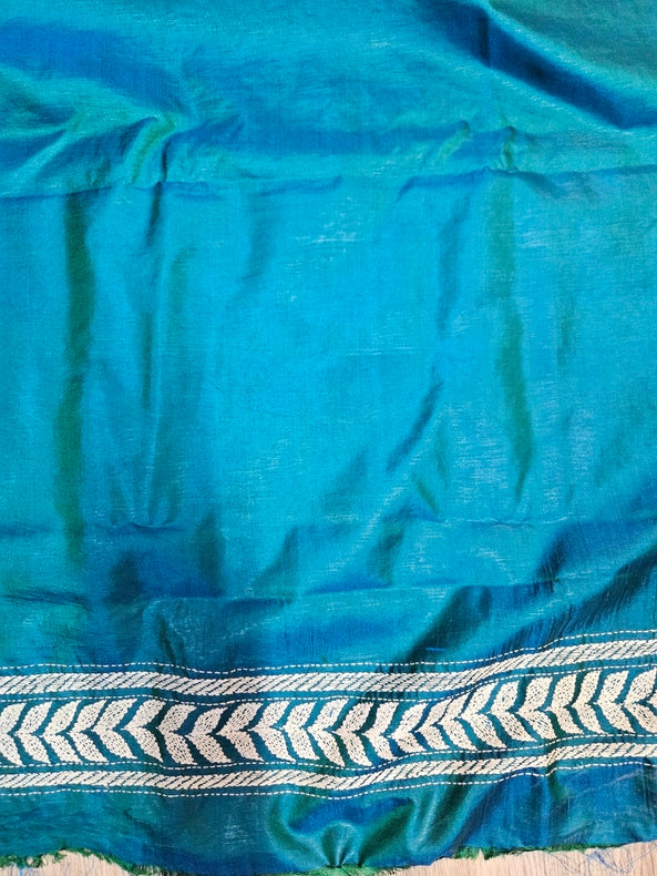 Balaram Saha’s Peacock Blue Kantha Silk Saree – Handcrafted Artistry in Silk Balaram Saha