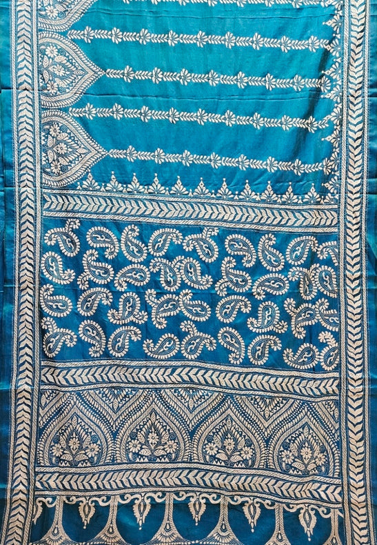 Balaram Saha’s Peacock Blue Kantha Silk Saree – Handcrafted Artistry in Silk Balaram Saha