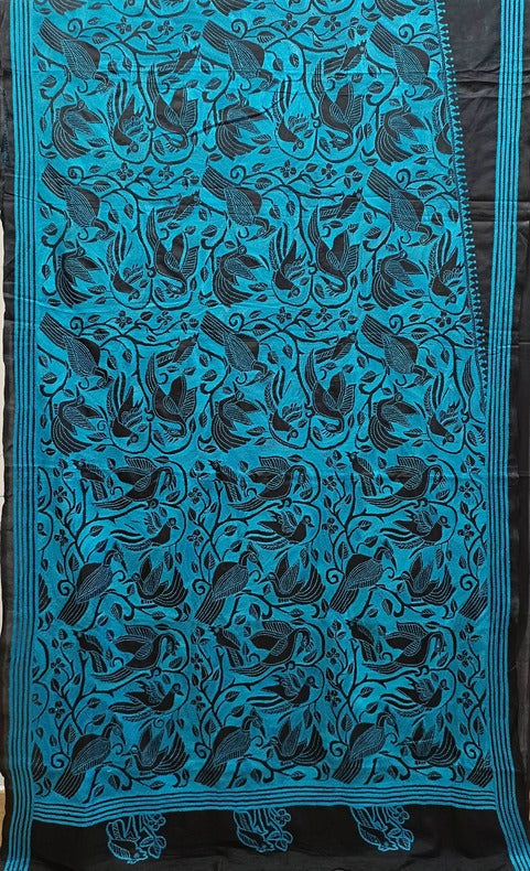 Black & Blue Handstitched Kantha Silk Saree - Pure Silk, Nakshi Kantha Balaram Saha