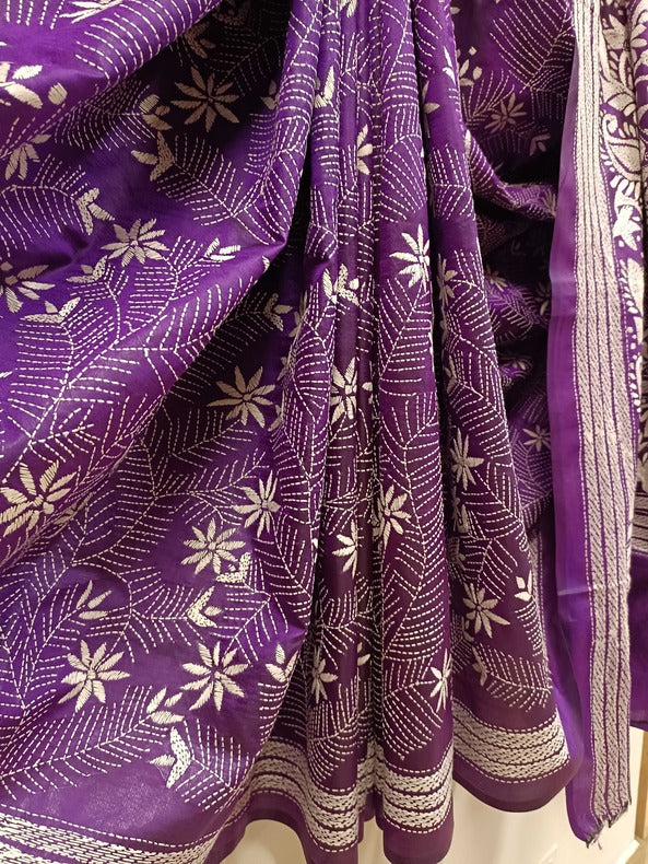 Purple & White Handstitched Kantha Silk Saree - Pure Silk, Floral Kantha Balaram Saha