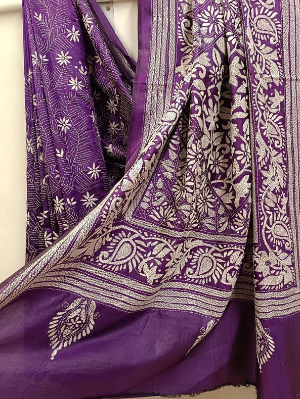 Purple & White Handstitched Kantha Silk Saree - Pure Silk, Floral Kantha Balaram Saha