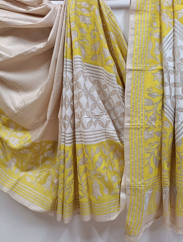 Biege & Yellow Pure Gachhi Tussar Silk Handstitch Kantha Saree Balaram Saha