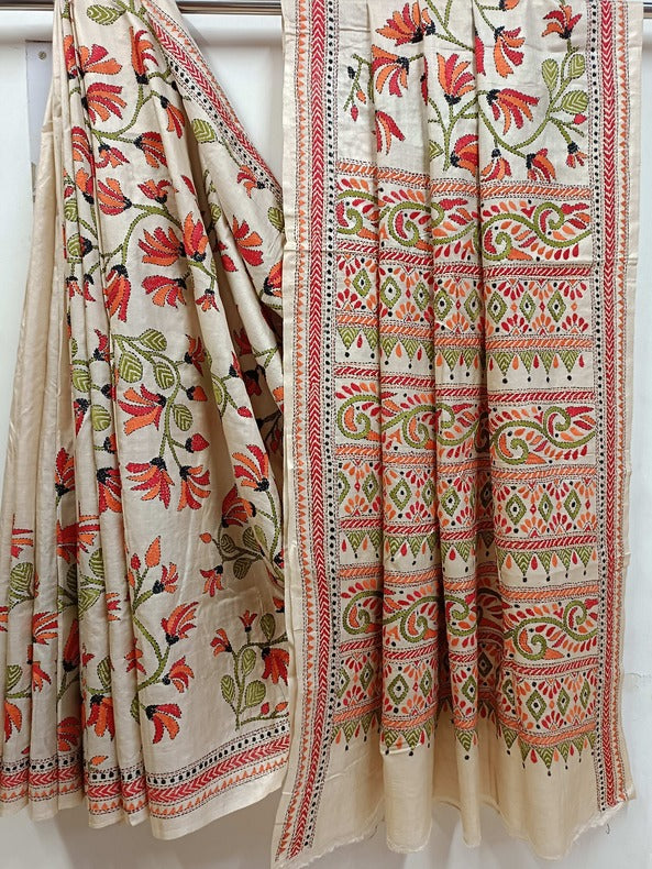 Cream Handloom Primium Quality Tussar Silk kantha Stitch Saree Balaram Saha