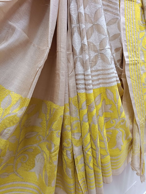 Biege & Yellow Pure Gachhi Tussar Silk Handstitch Kantha Saree Balaram Saha
