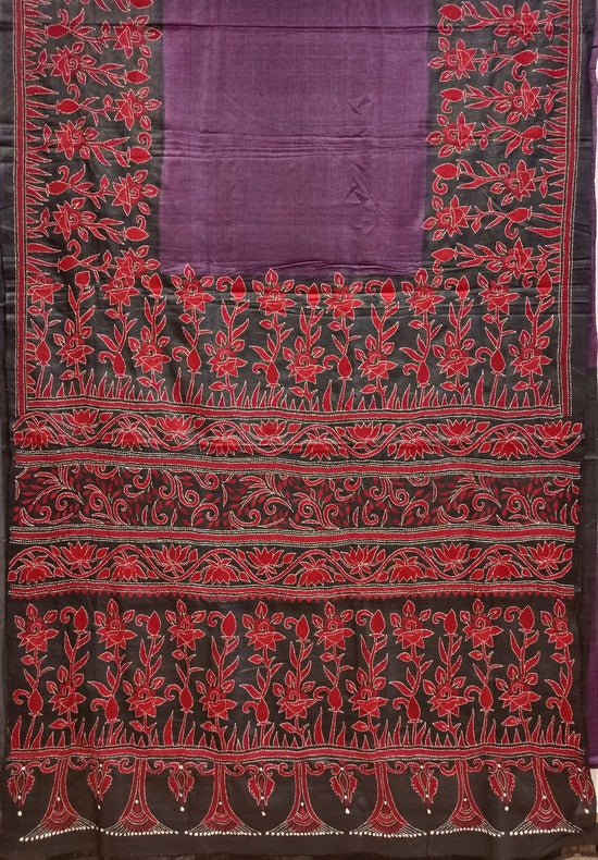 Purple & Black Handstitched Kantha Tussar Silk Saree - Pure Gachhi Tussar Silk Balaram Saha