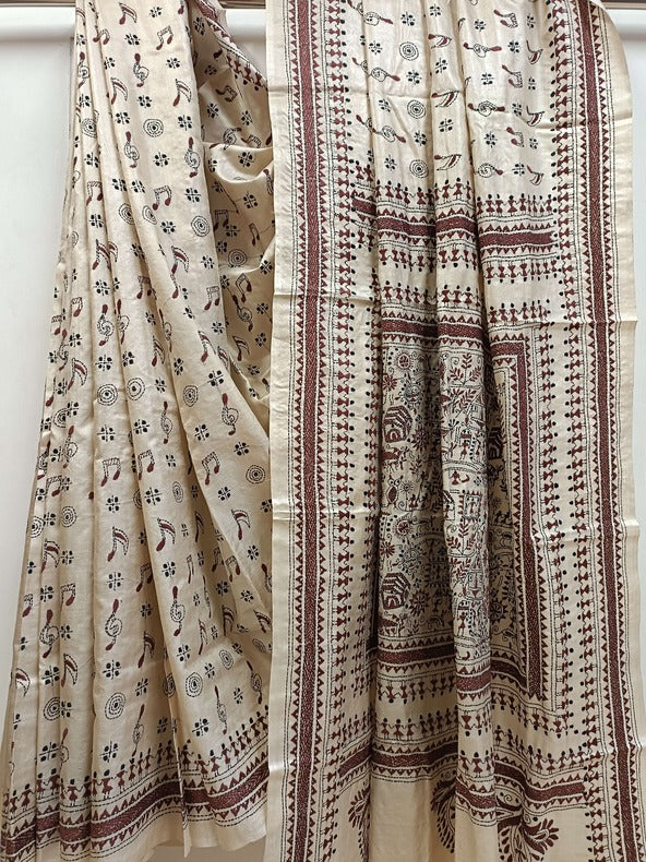 Biegw & Brown  Handloom Gachhi Tussar Silk Kantha Stitch saree. Balaram Saha
