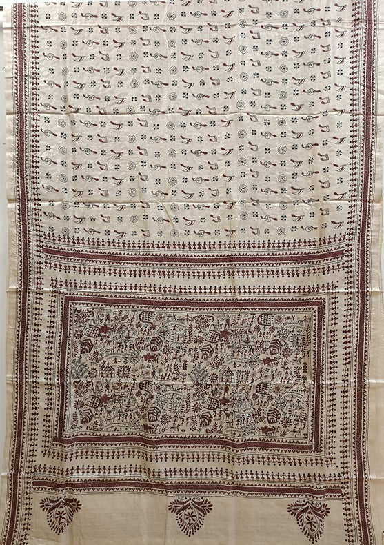 Biegw & Brown  Handloom Gachhi Tussar Silk Kantha Stitch saree. Balaram Saha