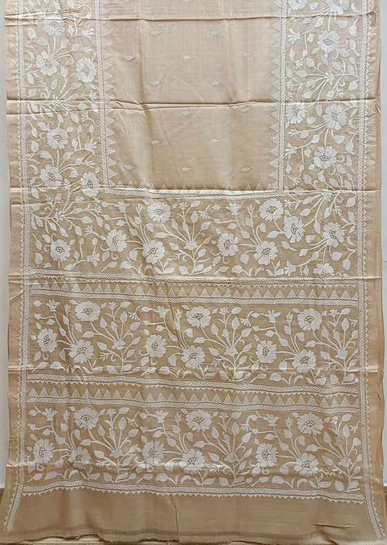 Biege & White Primium Gachhi Tussar Silk handstitch kantha Saree Balaram Saha