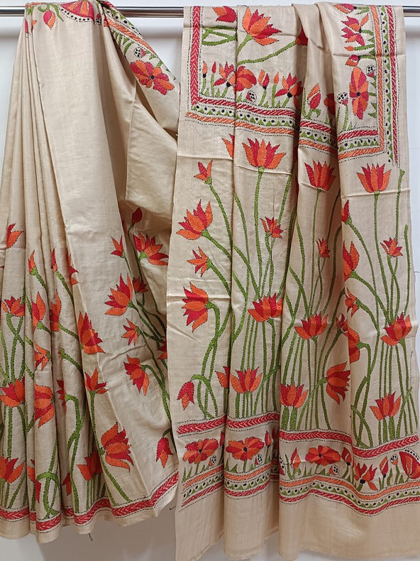Primium Quality Handloom Tussar Silk Handstitch Kantha Saree Balaram Saha