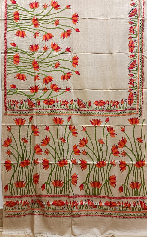 Primium Quality Handloom Tussar Silk Handstitch Kantha Saree Balaram Saha