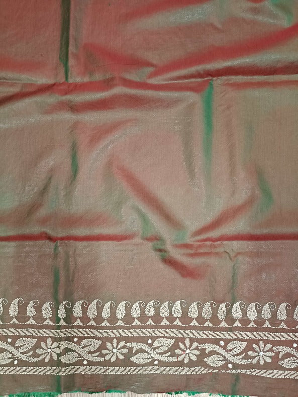 Green & Beige Handstitched Kantha Silk Saree - Pure Silk, Floral and Paisley Kantha Balaram Saha