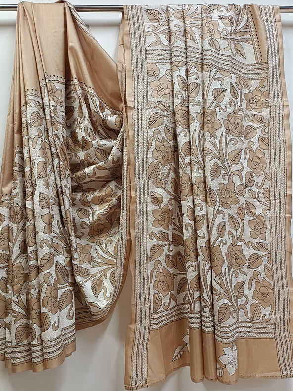 Biege & White Primium Pure Silk Handstitch Kantha Saree Balaram Saha
