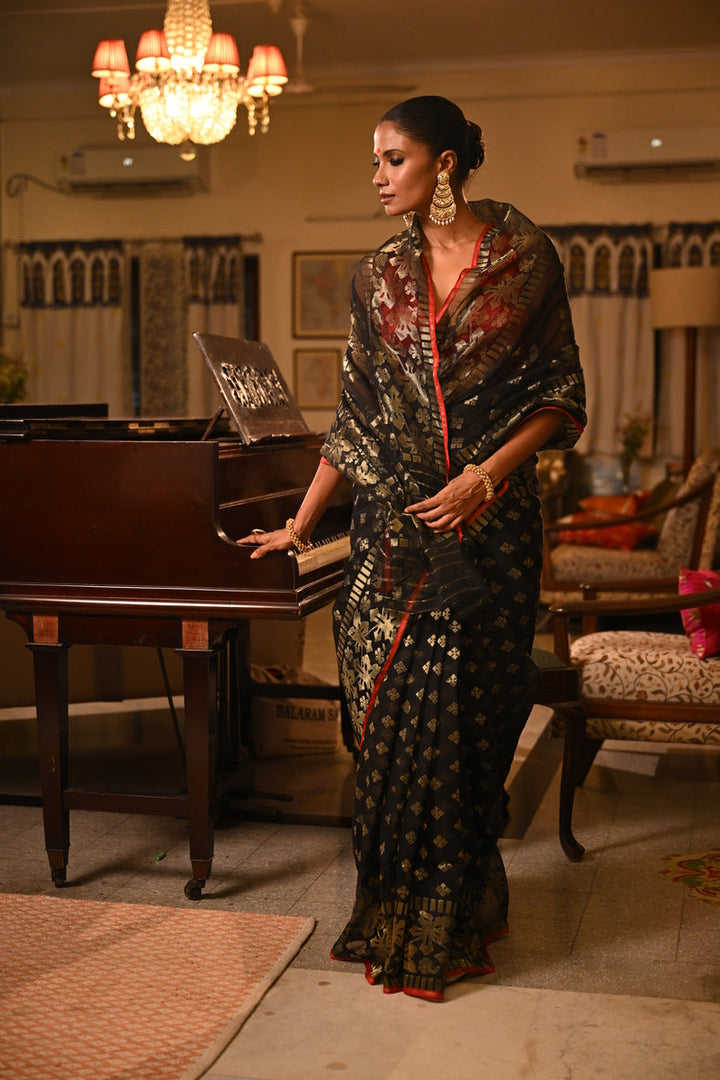 Black & Gold Dhakai Jamdani Saree with Zari Motifs & Sindoor Red Selvedge Balaram Saha