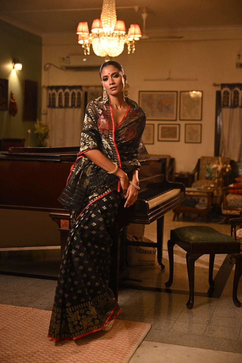 Black & Gold Dhakai Jamdani Saree with Zari Motifs & Sindoor Red Selvedge Balaram Saha