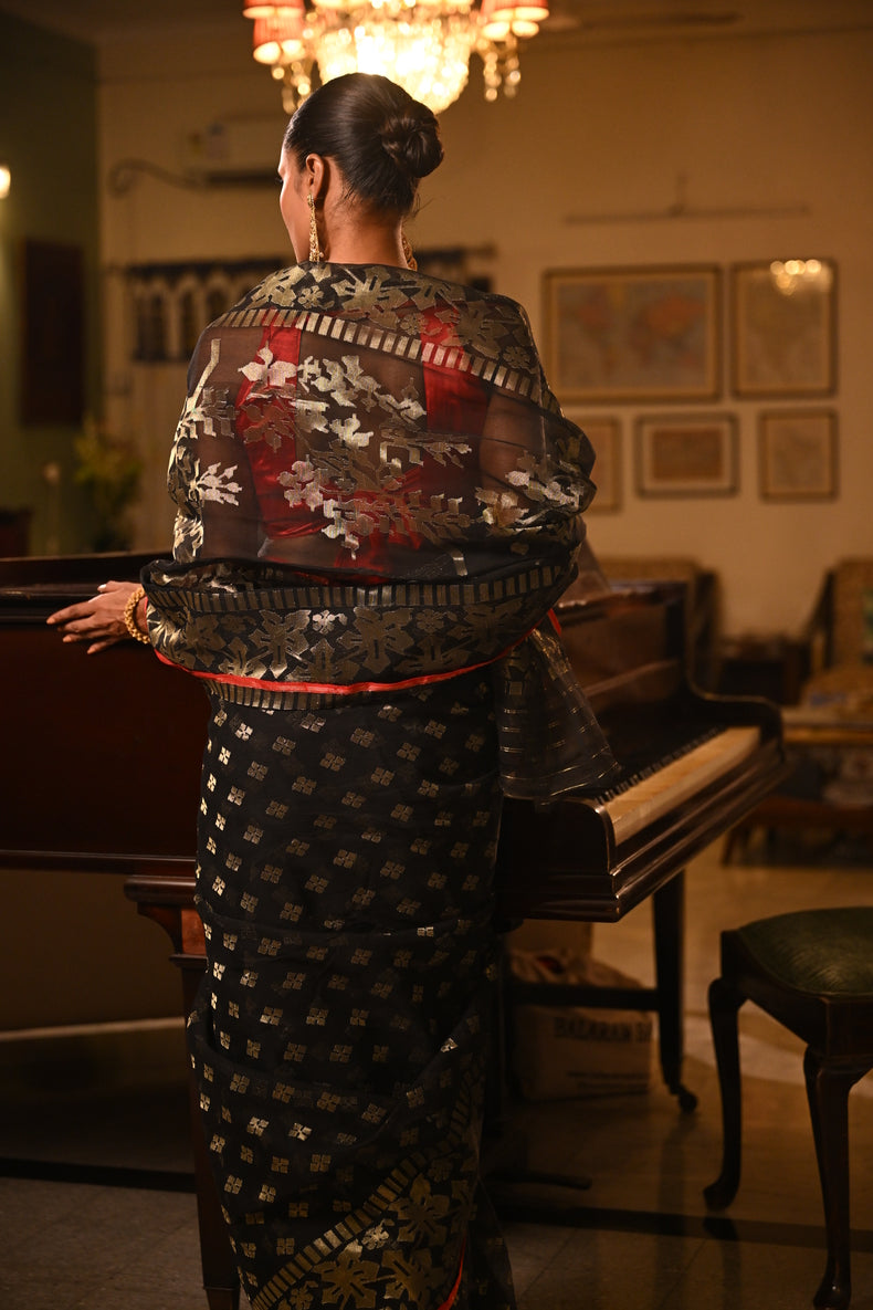 Black & Gold Dhakai Jamdani Saree with Zari Motifs & Sindoor Red Selvedge Balaram Saha