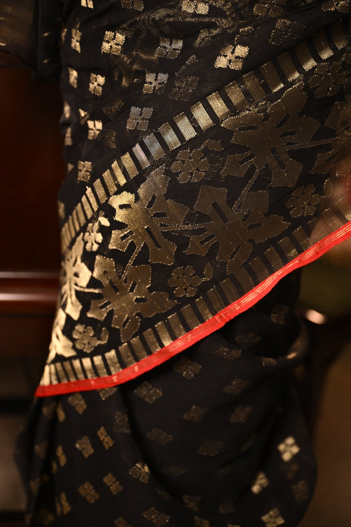 Black & Gold Dhakai Jamdani Saree with Zari Motifs & Sindoor Red Selvedge Balaram Saha