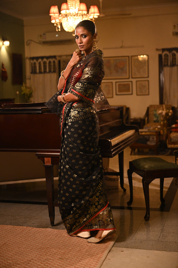 Black & Gold Dhakai Jamdani Saree with Zari Motifs & Sindoor Red Selvedge Balaram Saha