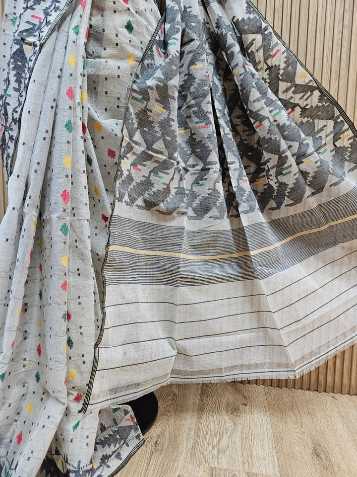 Off-White & Multi Handwoven Traditional Bangladeshi Cotton Jamdani Saree Balaram Saha