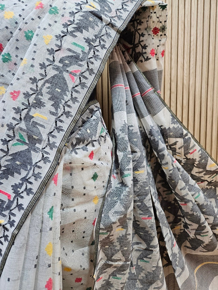Off-White & Multi Handwoven Traditional Bangladeshi Cotton Jamdani Saree Balaram Saha