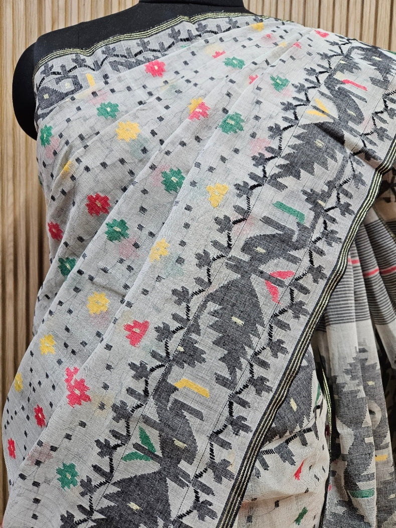 Off-White & Multi Handwoven Traditional Bangladeshi Cotton Jamdani Saree Balaram Saha
