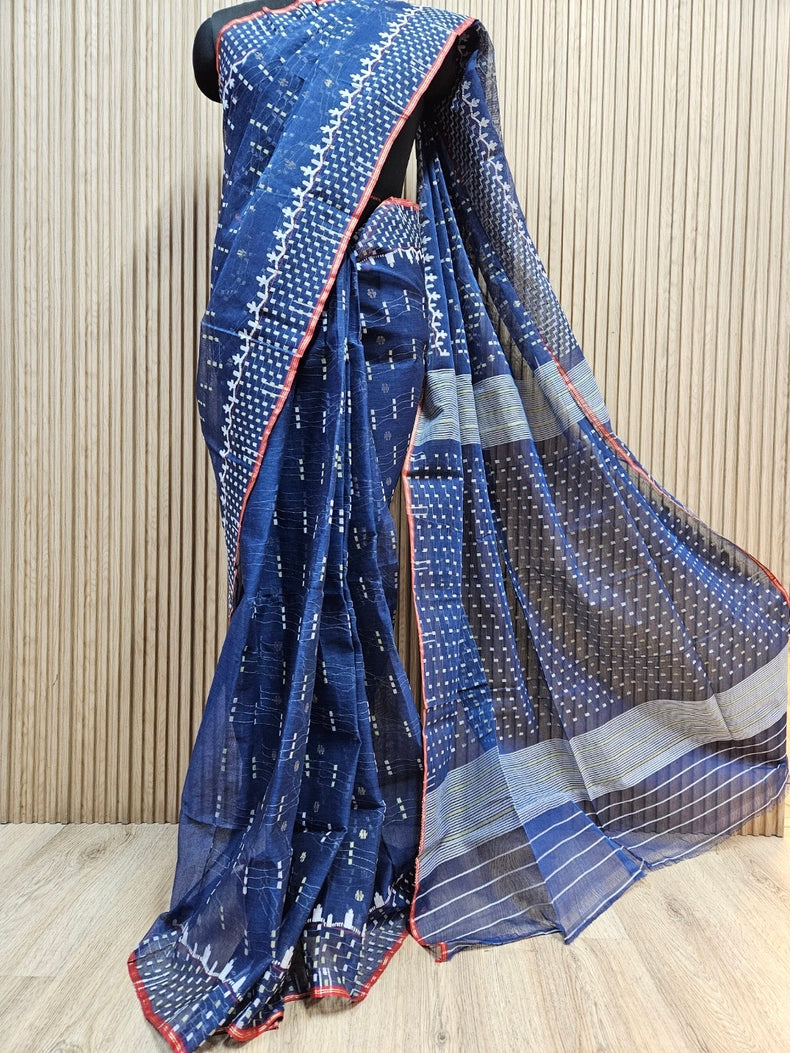 Indigo Blue & White Handwoven Bangladesh Cotton Jamdani Saree with Geometric Border Balaram Saha