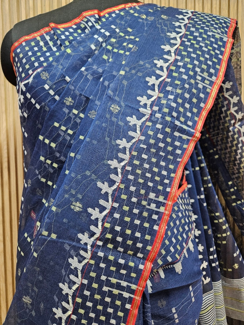 Indigo Blue & White Handwoven Bangladesh Cotton Jamdani Saree with Geometric Border Balaram Saha