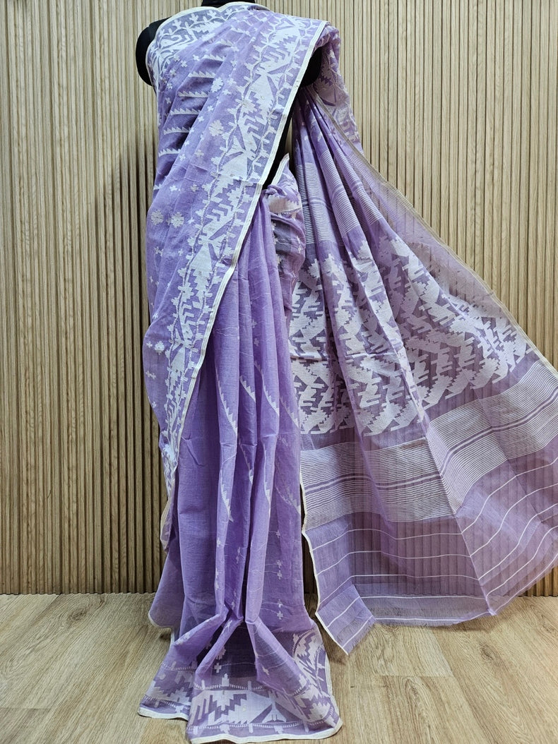 Mauve & White Pure Cotton Handwoven Traditional Bangladeshi Jamdani Saree Balaram Saha