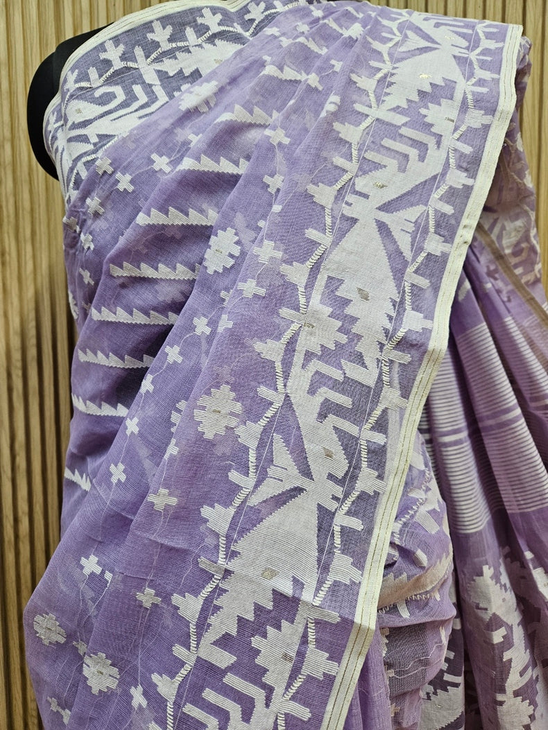 Mauve & White Pure Cotton Handwoven Traditional Bangladeshi Jamdani Saree Balaram Saha