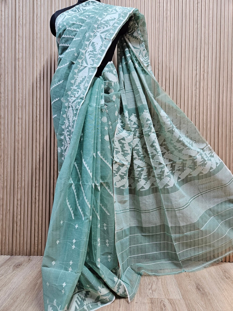 Light Gree & White Pure Cotton Handwoven Traditional Bangladeshi Jamdani Saree Balaram Saha