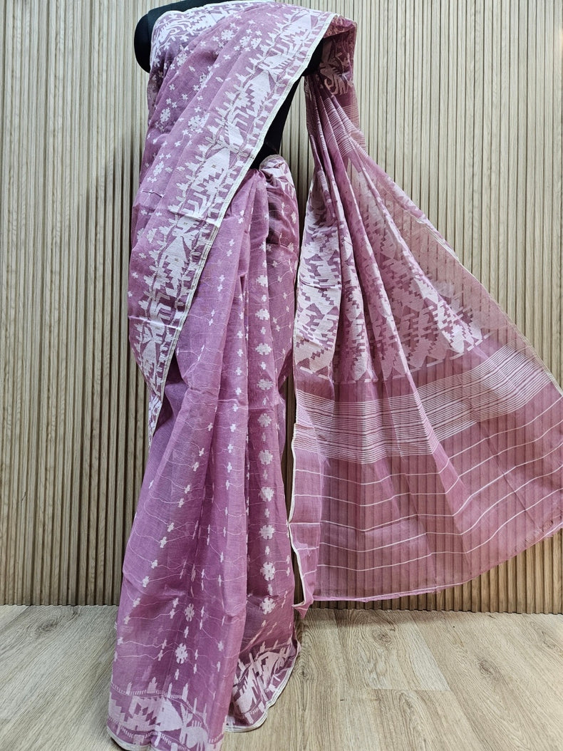 Onion Pink & White Pure Cotton Handwoven Jamdani Saree | Traditional Bangladeshi Jamdani with Allover Net Design Balaram Saha