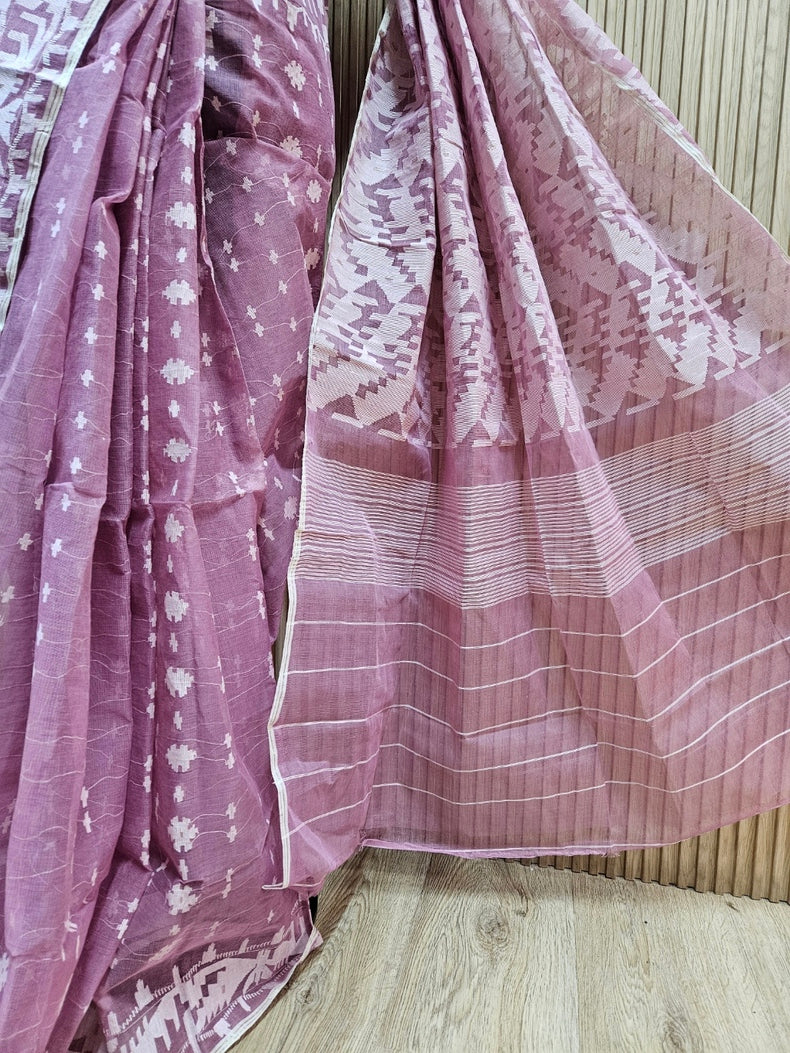 Onion Pink & White Pure Cotton Handwoven Jamdani Saree | Traditional Bangladeshi Jamdani with Allover Net Design Balaram Saha