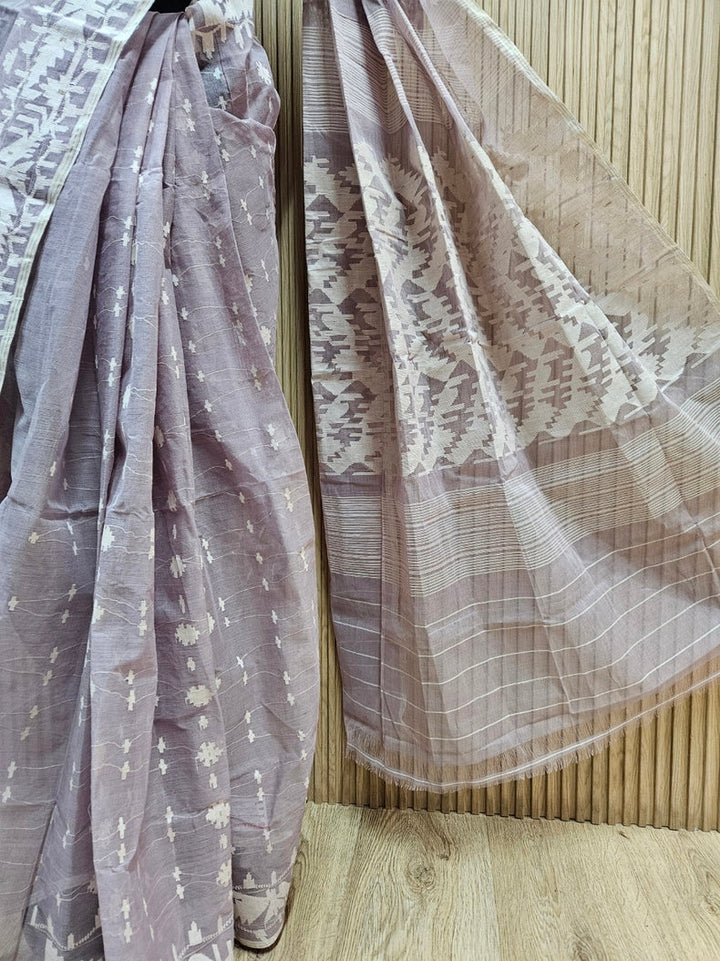 Lilac & White Pure Cotton Handwoven Traditional Bangladeshi Jamdani Saree Balaram Saha