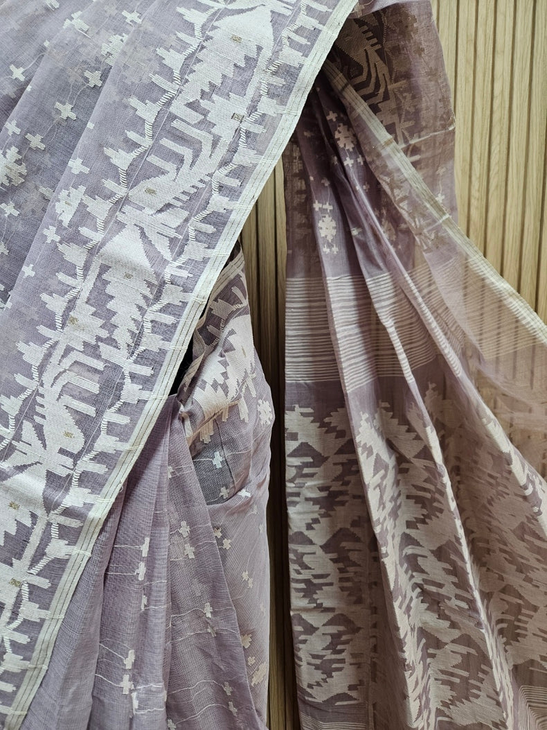 Lilac & White Pure Cotton Handwoven Traditional Bangladeshi Jamdani Saree Balaram Saha