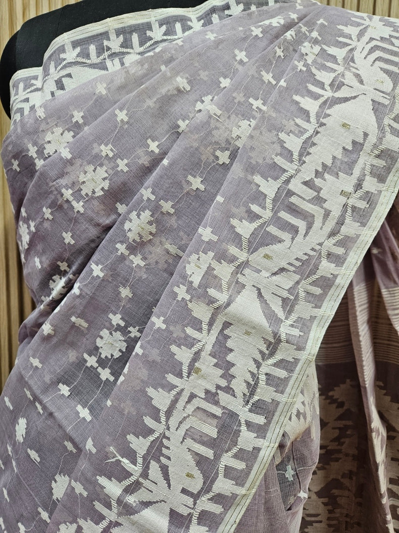 Lilac & White Pure Cotton Handwoven Traditional Bangladeshi Jamdani Saree Balaram Saha