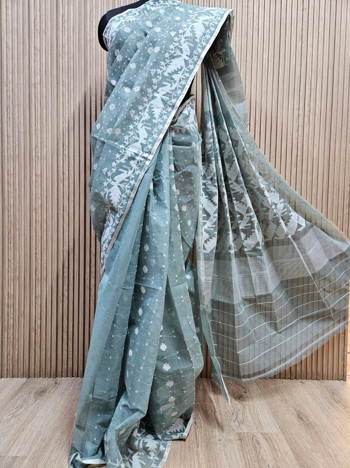 Light Green & White Handwoven Traditional Bangladeshi Cotton  Jamdani Saree Balaram Saha