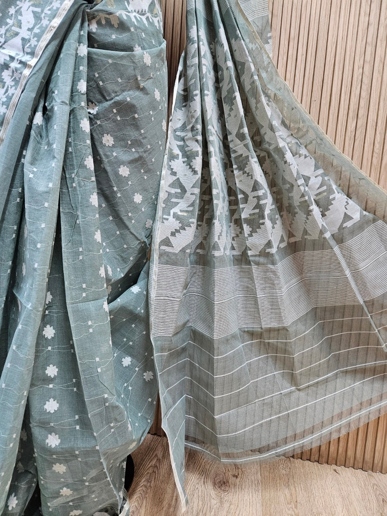 Light Green & White Handwoven Traditional Bangladeshi Cotton  Jamdani Saree Balaram Saha