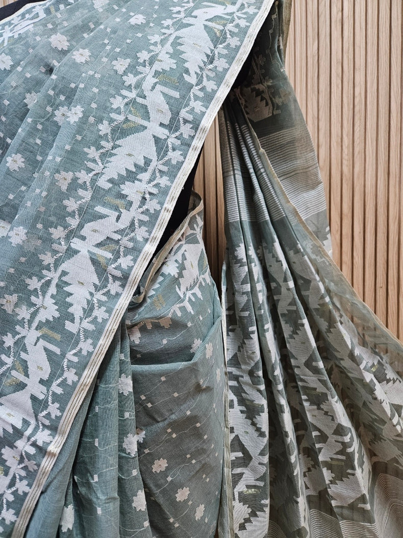 Light Green & White Handwoven Traditional Bangladeshi Cotton  Jamdani Saree Balaram Saha