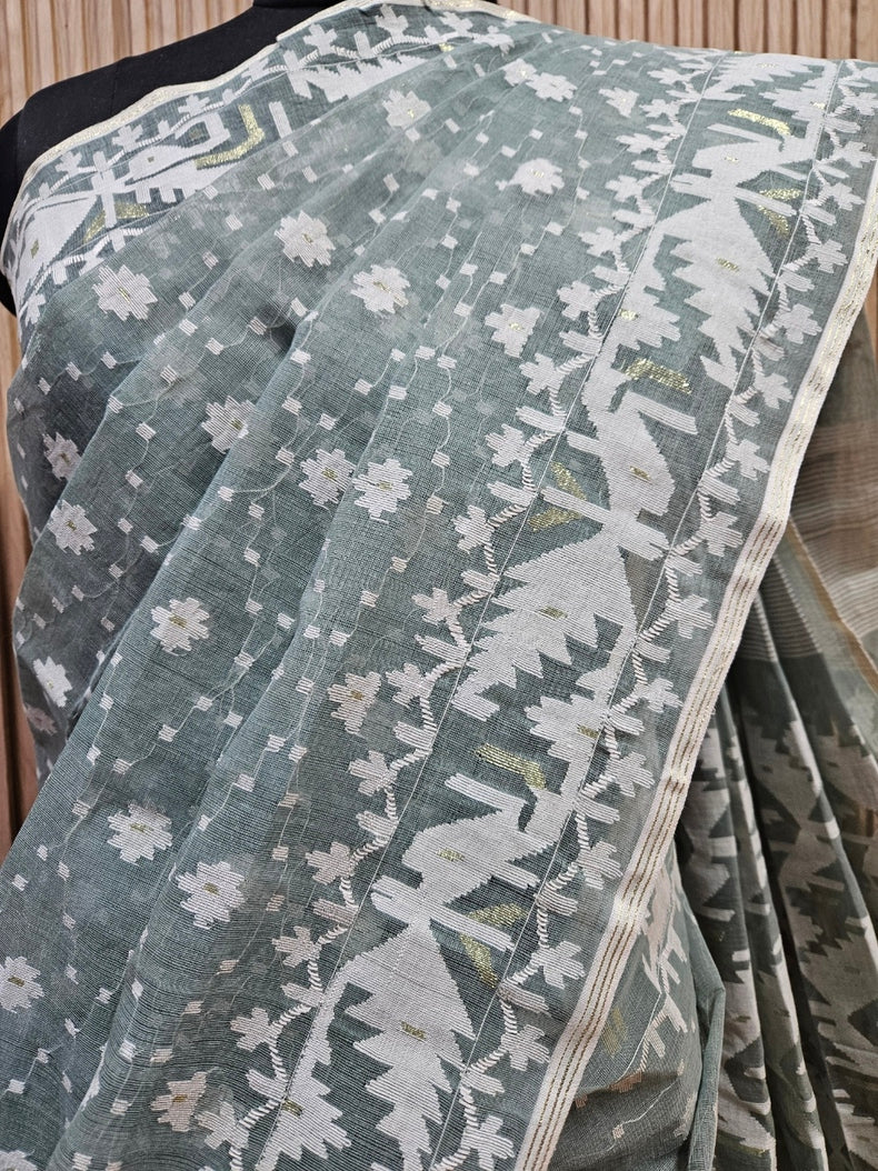 Light Green & White Handwoven Traditional Bangladeshi Cotton  Jamdani Saree Balaram Saha