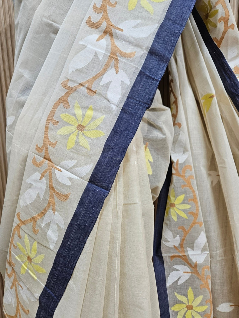 Crean & Blue Handwoven Tarditional Cotton Jamdani Saree Balaram Saha